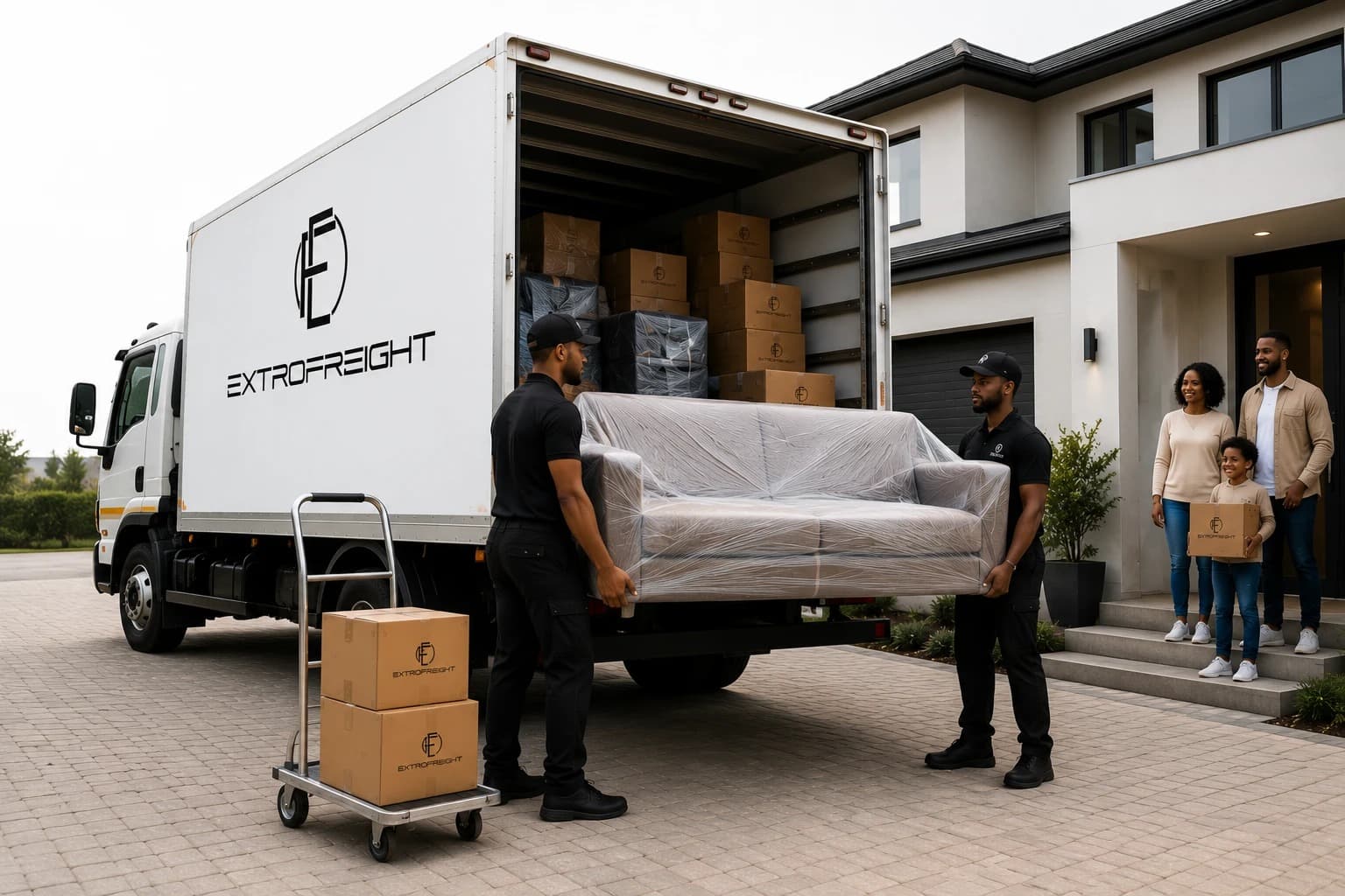Extrofreight movers loading a truck outside a family home